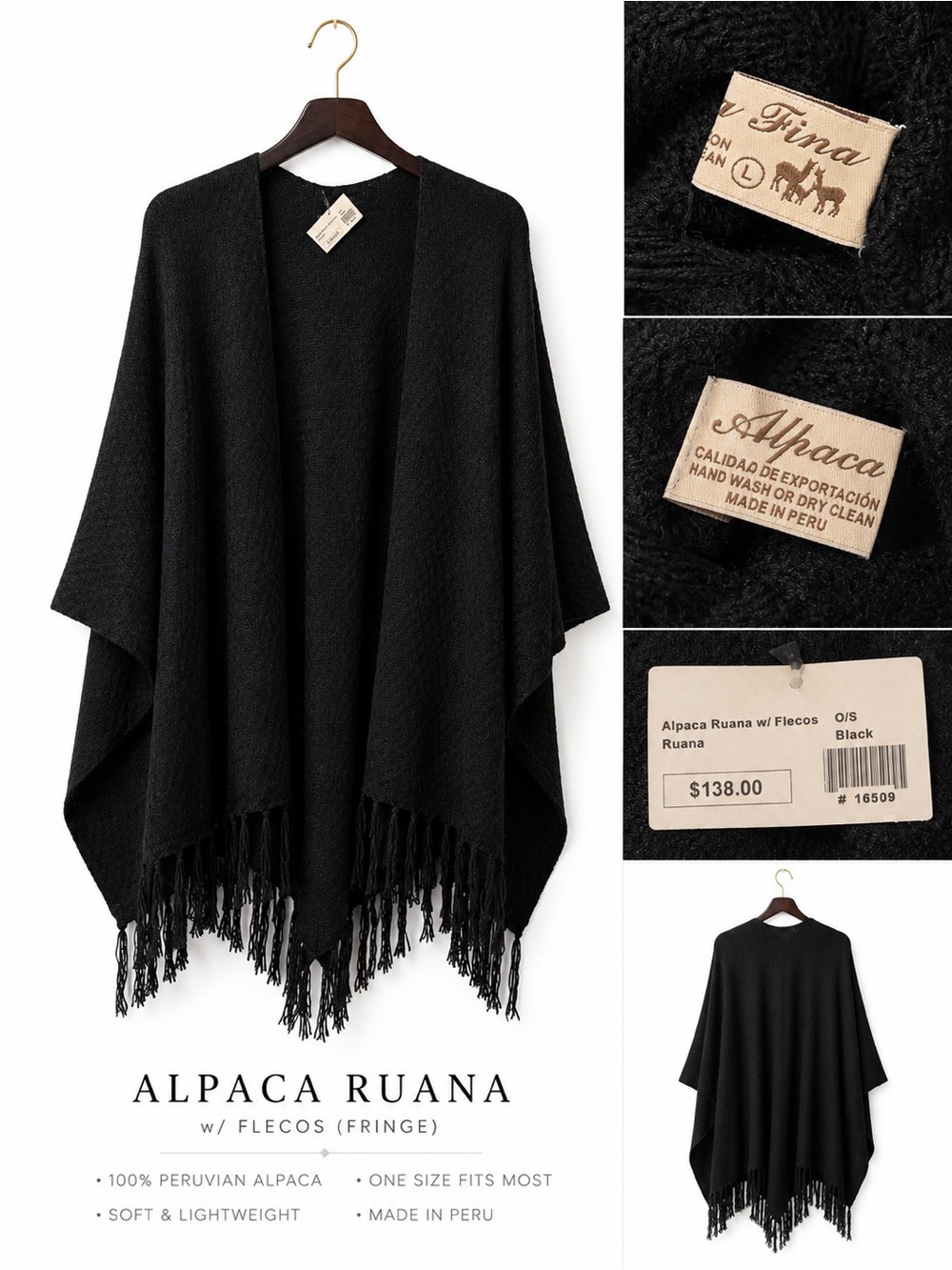 NWT Peruvian Alpaca Black Fringe Ruana Wrap Shawl Poncho O/S Soft Knit